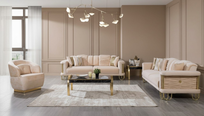 Moderne Beige Sofagarnitur 3+3+1 Sitzer Designer Polstersessel Möbel