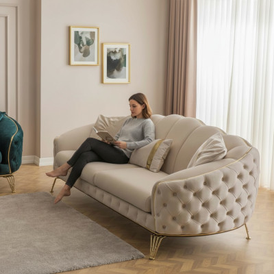 Moderní Chesterfield béžový obývací pokojový nábytek x2 3místná sedací souprava