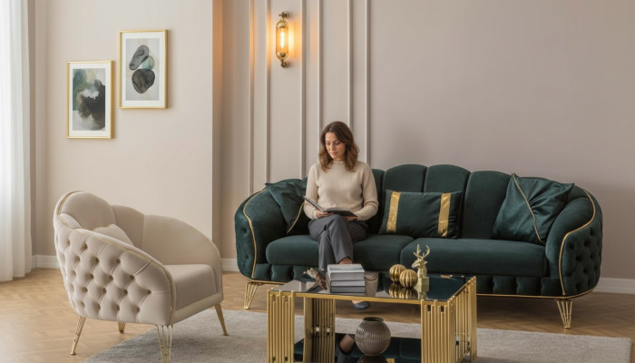 Kompletní obývací pokoj ve 3 kusech, elegantní třísedák, luxusní gauč a 2 křesla.