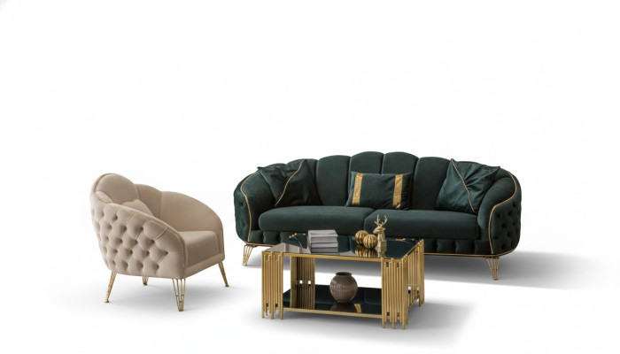 Kompletní obývací pokoj ve 3 kusech, elegantní třísedák, luxusní gauč a 2 křesla.