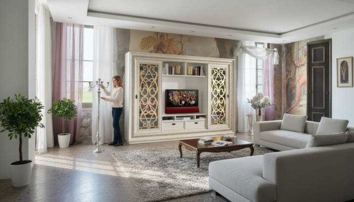 TV stěna ze dřeva Moderní TV skříň Živý nábytek z masivního dřeva Nové