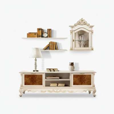 Wohnwand Regale Wohnzimmer Holz Weiß Wandvitrine Wand Regale Italy Neu