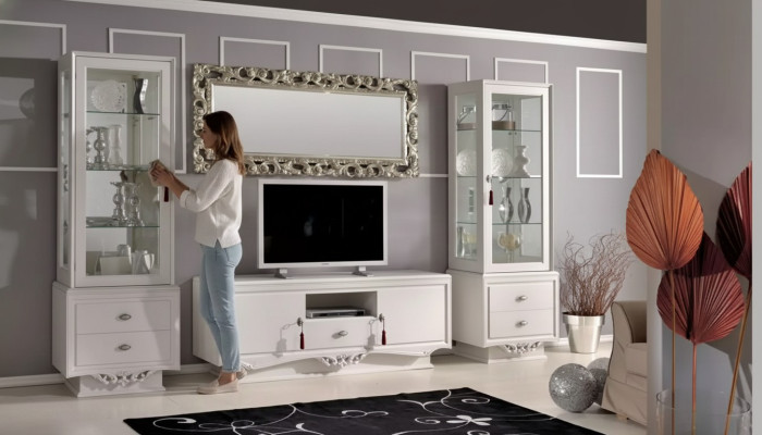 TV stojan Italský obývací pokoj 2x vitrína Luxus TV kredenc Bílá