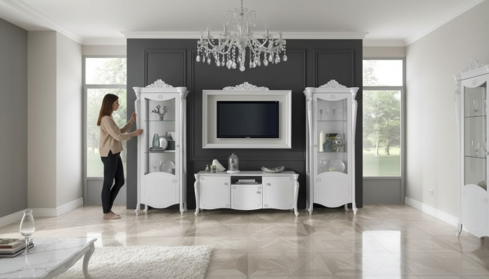 Wohnwand Bílý Styl Design Lowboard TV Rám Skleněný Skříň rtv tv Nový