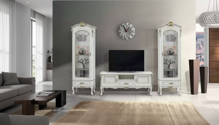 Set 3tlg. Wohnwand TV-Ständer 2x Vitrine Italienische Stil Möbel Weiß
