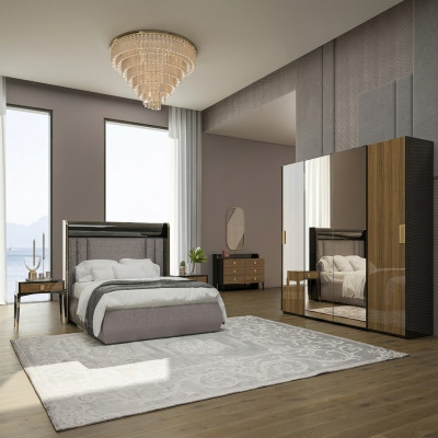 Luxus Set 6tlg Doppel Bett Schlafzimmer Kommode mit Spiegel 2x Nachttische