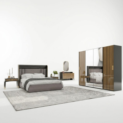 Luxus Set 6tlg Doppel Bett Schlafzimmer Kommode mit Spiegel 2x Nachttische