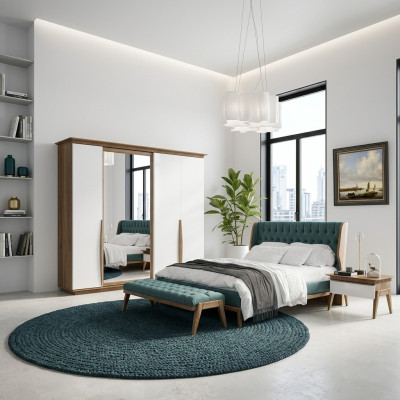 Kompletní ložnice Postel 2x noční stolky Moderní Šatní skříň Lavice Nový