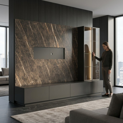 Designérská stěnová jednotka 6-dílná luxusní nábytek do obývacího pokoje šedý moderní.