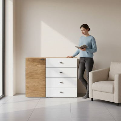 Moderní komoda, luxusní skříň ve stylu sideboard, design ložnice, bílé dřevěné nábytek.