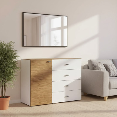 Moderní komoda, luxusní skříň ve stylu sideboard, design ložnice, bílé dřevěné nábytek.