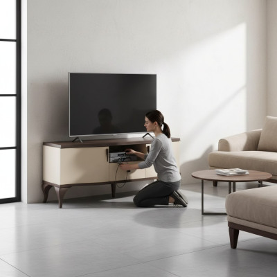 TV stojan obývacího pokoje béžový nábytek dřevo komoda styl moderní.