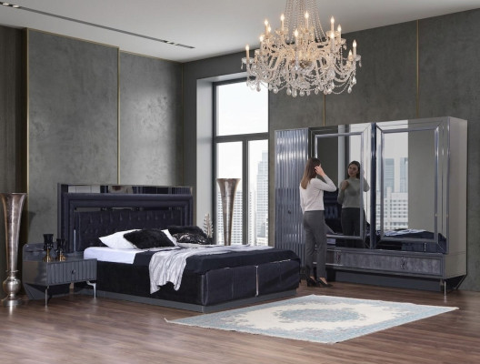 Schwarzes Schlafzimmer Set Luxus Garnitur Bett 2x Nachttische Schrank