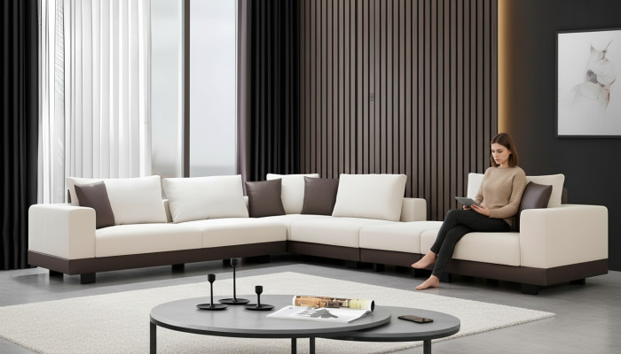 Wohnzimmer Ecksofa Luxus L-Form Couch Textil Möbel Holzgestell Stilvoll