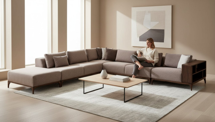 Obývací pokoj rohová sedací souprava L tvaru dřevo Moderní luxusní design Rojová sedací souprava