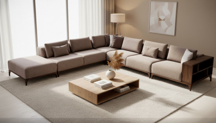 Obývací pokoj rohová sedací souprava L tvaru dřevo Moderní luxusní design Rojová sedací souprava