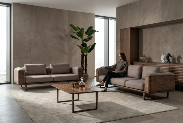 Designen Wohnzimmer Set 2x Sofas mit Couchtisch Luxus Holz mit Textil