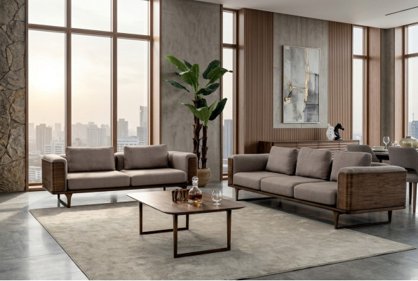 Designen Wohnzimmer Set 2x Sofas mit Couchtisch Luxus Holz mit Textil