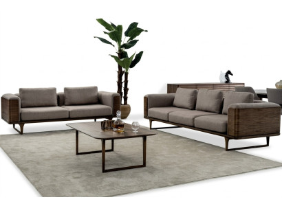 Designen Wohnzimmer Set 2x Sofas mit Couchtisch Luxus Holz mit Textil