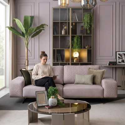Třímístné růžové pohovky do obývacího pokoje, gauče 256 cm, velký xxl pohovka z látky