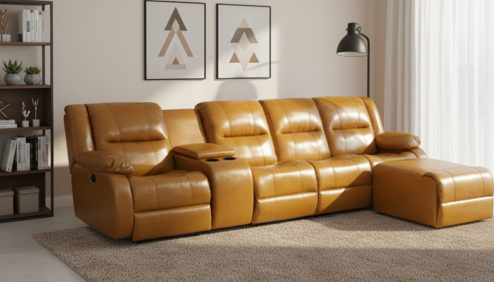 Sofa 4 Sitzer Couch Polster Kunstleder Sofas Braun Pouffe Couchen Neu