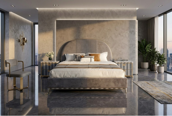 Graue Schlafzimmer Garnitur Bettgestell 2x Nachttische Doppelbett 3tlg