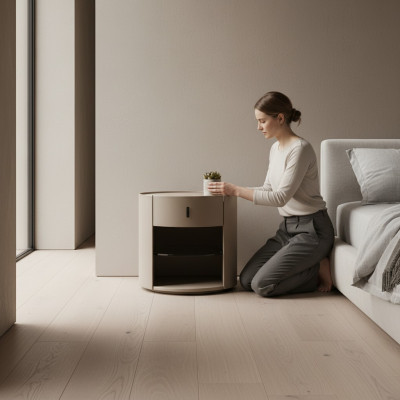 Beiger Designer Nachttisch Luxus Nachtkonsole Schlafzimmer Möbel Stil