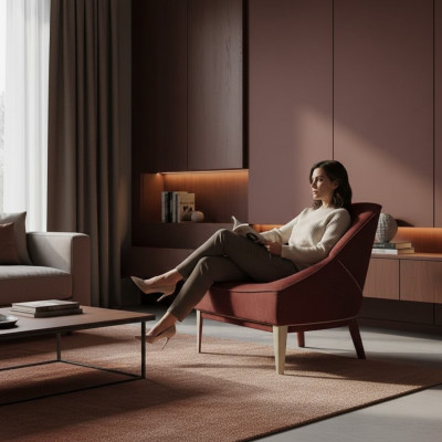 Červená designová židle s dřevěnýma nohama - látěná - jednosed pro obývací pokoj - nábytek