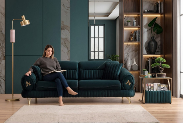 Grün Dreisitzer Luxus Couch Modernes Holz Design Wohnzimmermöbel neu
