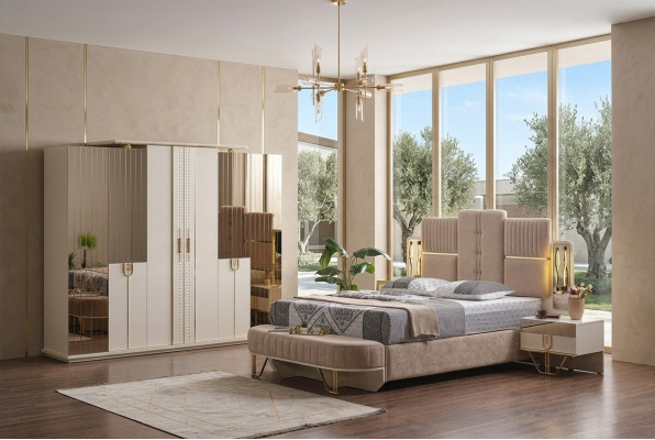Luxus ložnice set 5 kusů. Postel 2x noční stolky šatní skříň Bank Moderní