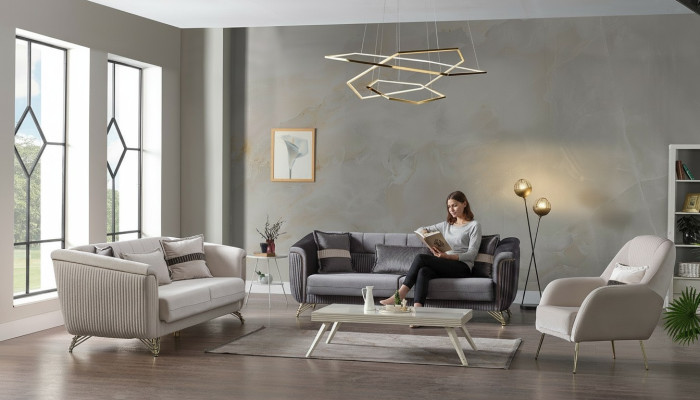 Designer Sofagarnitur 3+3+1 Sitzer Couch Polster Sitzgarnitur Samt Set Grau