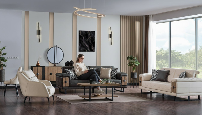 Sofagarnitur 3+3+1 Sitzer Wohnzimmer Set Komplett Textil Holz Sofa Sessel
