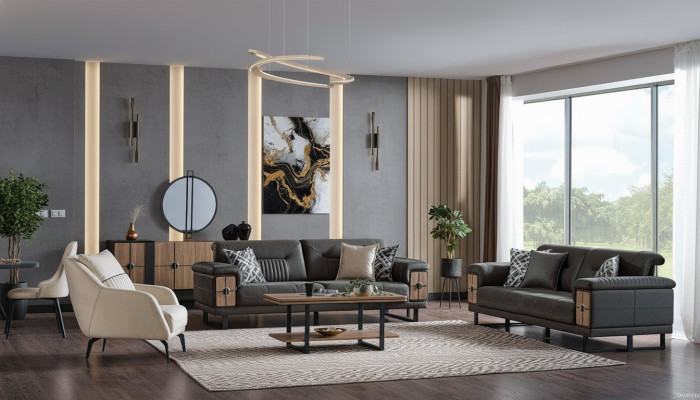 Sofagarnitur 3+3+1 Sitzer Wohnzimmer Set Komplett Textil Holz Sofa Sessel