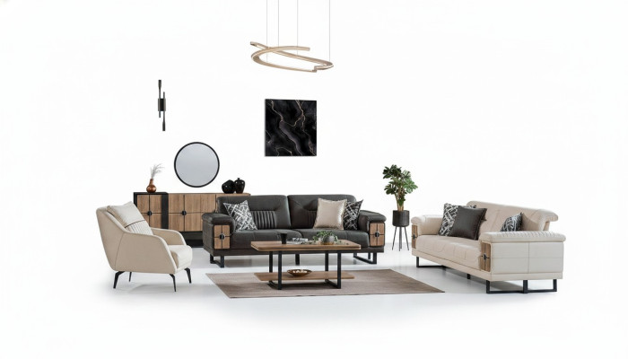 Sofagarnitur 3+3+1 Sitzer Wohnzimmer Set Komplett Textil Holz Sofa Sessel