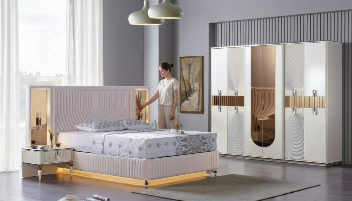 Luxus ložnice set postel 2x noční skříňky skříň dřevo kompletní moderní nové