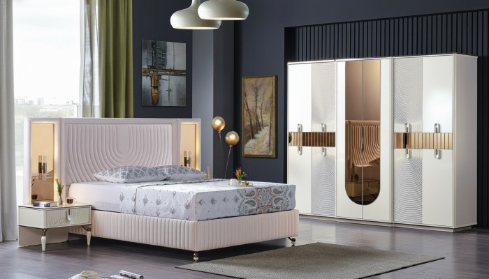 Luxus ložnice set postel 2x noční skříňky skříň dřevo kompletní moderní nové