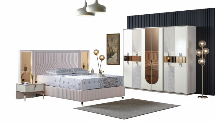 Luxus ložnice set postel 2x noční skříňky skříň dřevo kompletní moderní nové