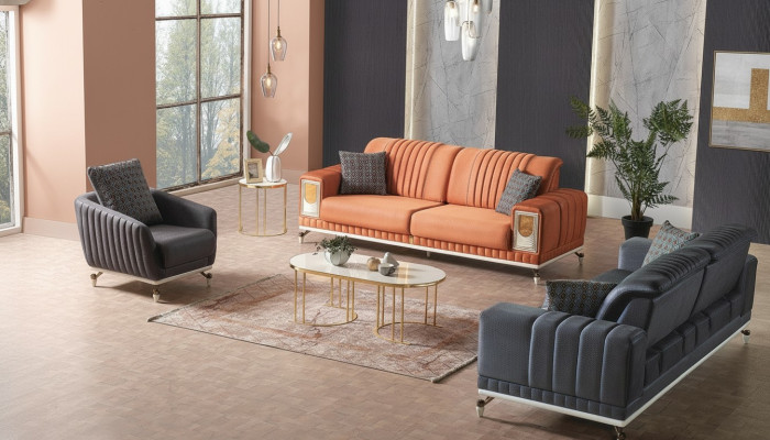 Sofagarnitur 3+3+1 Sitzer Textil Holz Sofa 3 Sitzer Modern Sessel Komplett Set