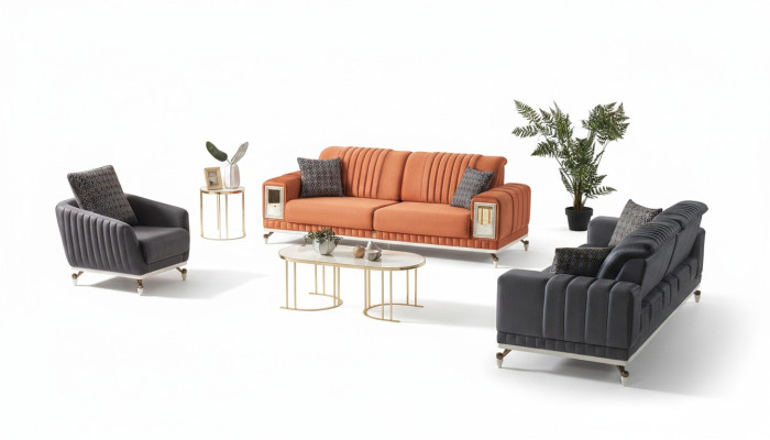 Sofagarnitur 3+3+1 Sitzer Textil Holz Sofa 3 Sitzer Modern Sessel Komplett Set