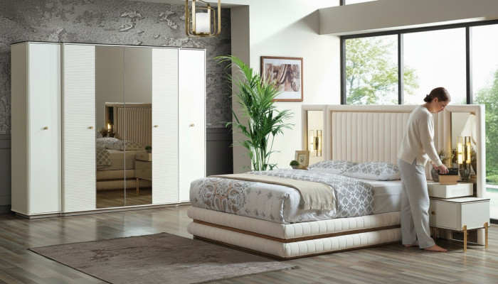 Ložnice set postel 2x noční stolky šatní skříň design nábytek 4 dílný. Béžový