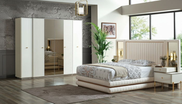 Ložnice set postel 2x noční stolky šatní skříň design nábytek 4 dílný. Béžový