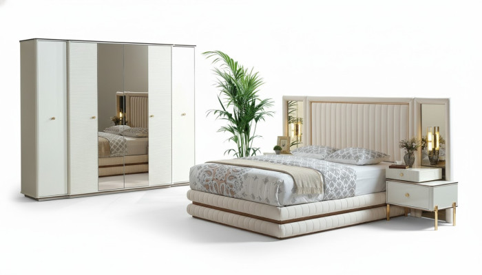 Ložnice set postel 2x noční stolky šatní skříň design nábytek 4 dílný. Béžový