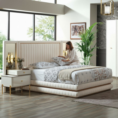 Modern Schlafzimmer Set Bett + 2x Nachttische Design Möbel 3 tlg. Beige