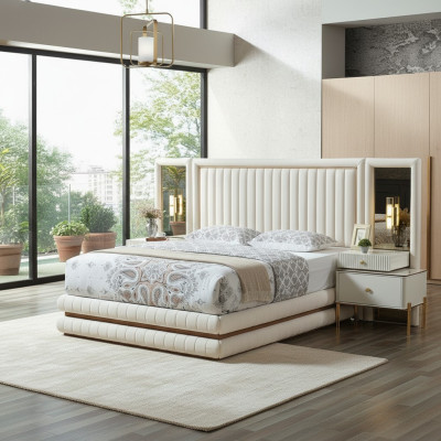 Modern Schlafzimmer Set Bett + 2x Nachttische Design Möbel 3 tlg. Beige