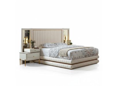 Modern Schlafzimmer Set Bett + 2x Nachttische Design Möbel 3 tlg. Beige