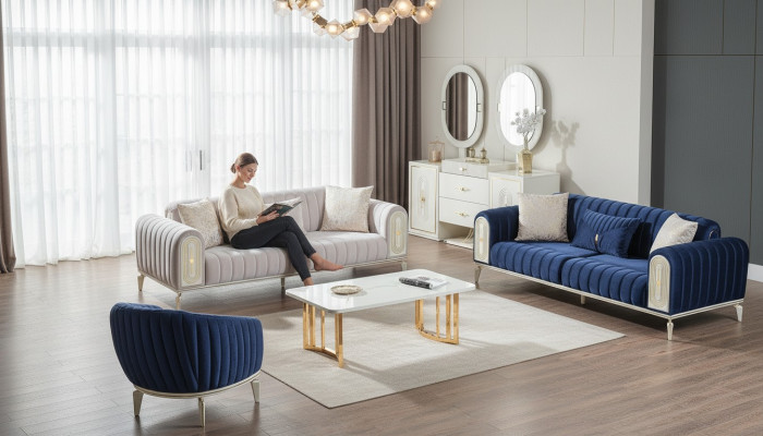 Sofagarnitur 3+3+1 Sitzer Wohnzimmer Set Komplett Textil Sofa Sessel Holz Blau