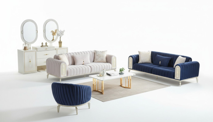 Sofagarnitur 3+3+1 Sitzer Wohnzimmer Set Komplett Textil Sofa Sessel Holz Blau