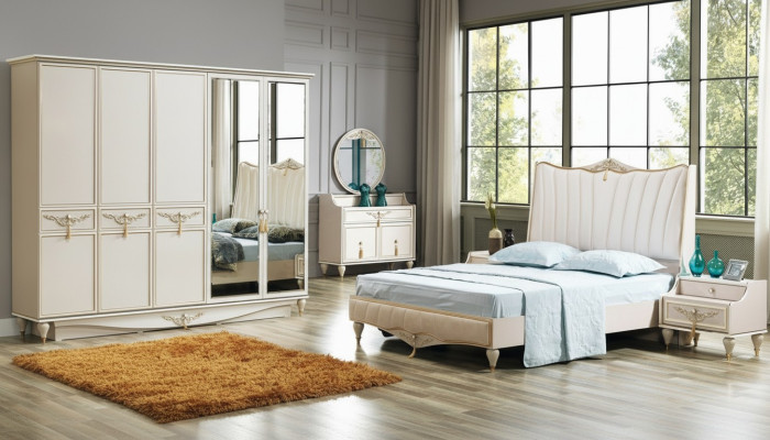 Luxus Schlafzimmer Set Bett + 2x Nachttische+Schrank+Kommode Komplettes Modern