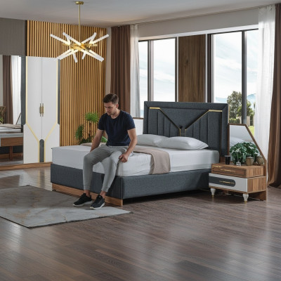 Luxus Schlafzimmer Set Bett + 2x Nachttische+Schrank Holz Komplettes Neu Modern