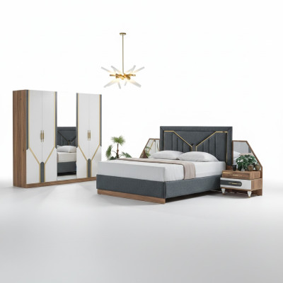 Luxus Schlafzimmer Set Bett + 2x Nachttische+Schrank Holz Komplettes Neu Modern